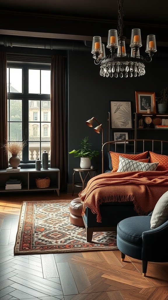 A stylish bedroom featuring black furniture and brown accents, with dark walls, wooden flooring, and a chandelier.