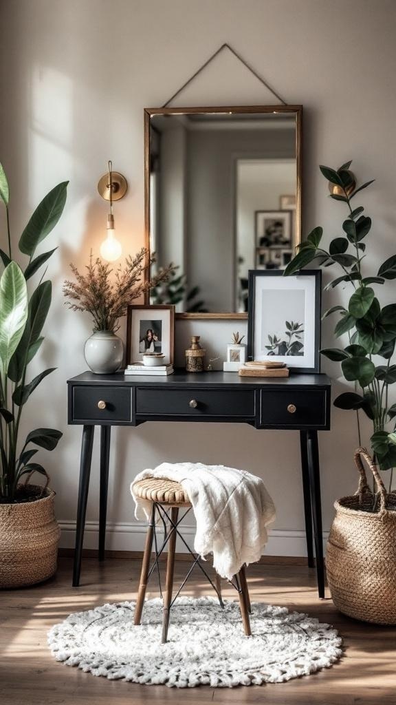 Chic black vanity with a mirror, plants, and personal decor