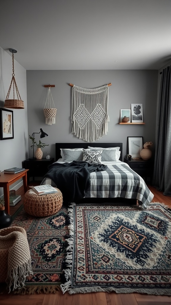 A stylish gray and black bedroom featuring bohemian decor elements like macramé wall art, layered rugs, and a cozy bed.