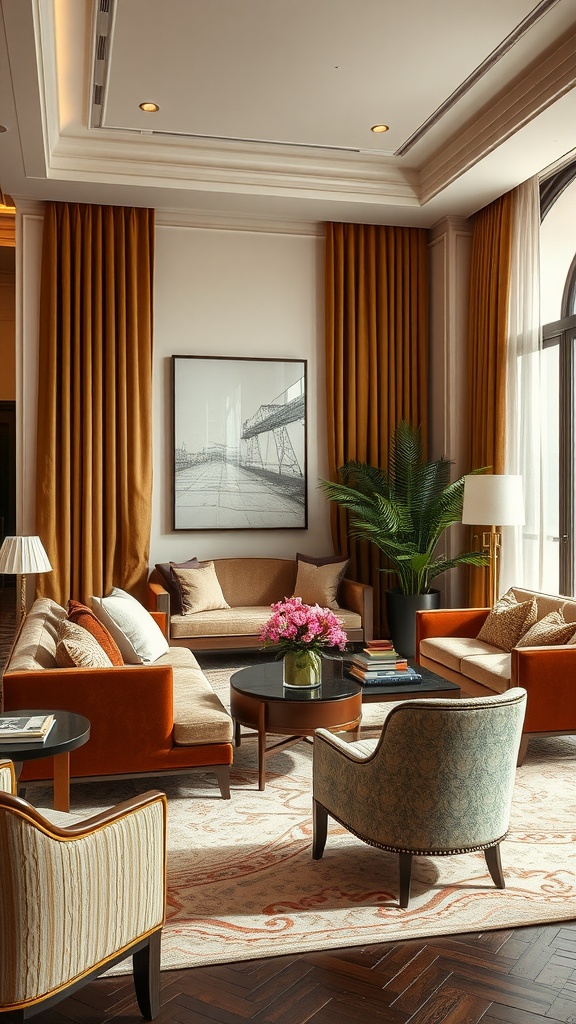 Chic living room featuring orange sofas, beige accents, large windows, and elegant decor.