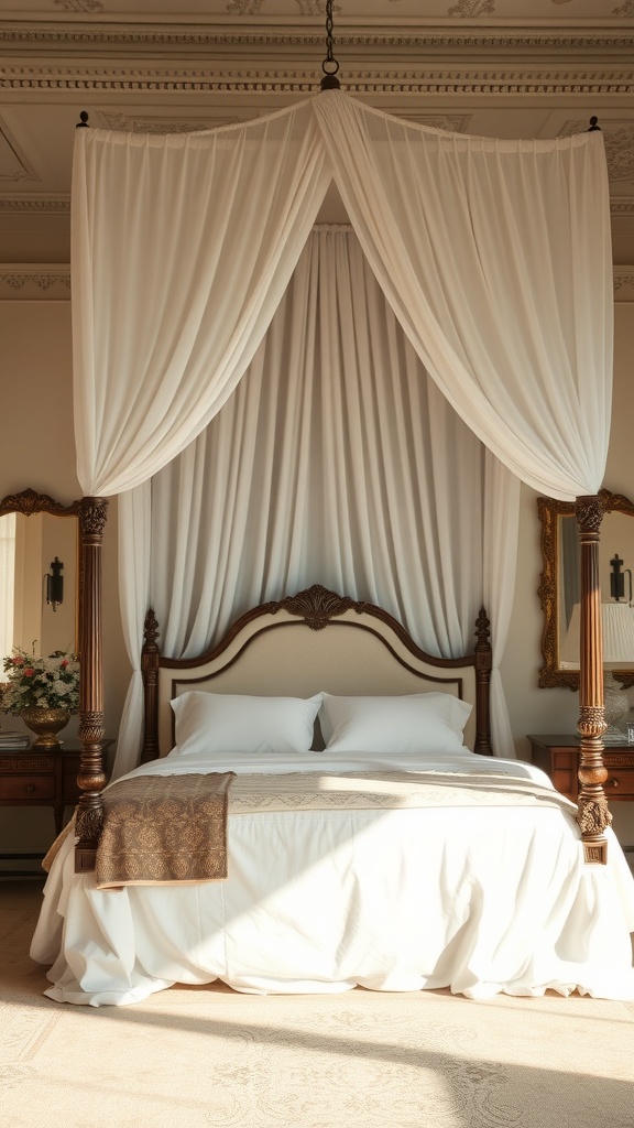 A luxurious canopy bed with white drapes and a wooden frame in a stylish bedroom.