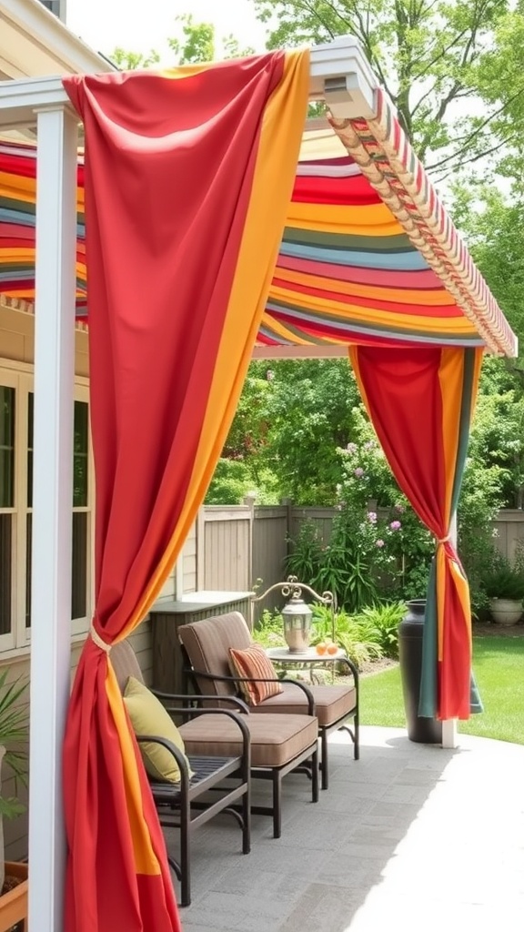 Colorful fabric canopy over a patio with chairs and plants