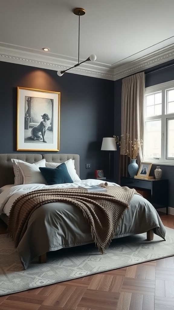 A chic bedroom with a navy wall, stylish bedding, and modern lighting.