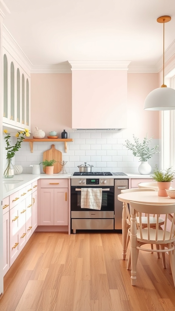 A cozy kitchen with pink cabinets, white countertops, and light wood flooring.