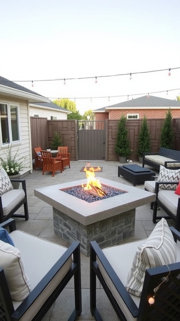 A cozy back patio featuring a modern fire pit table surrounded by comfortable seating and string lights.