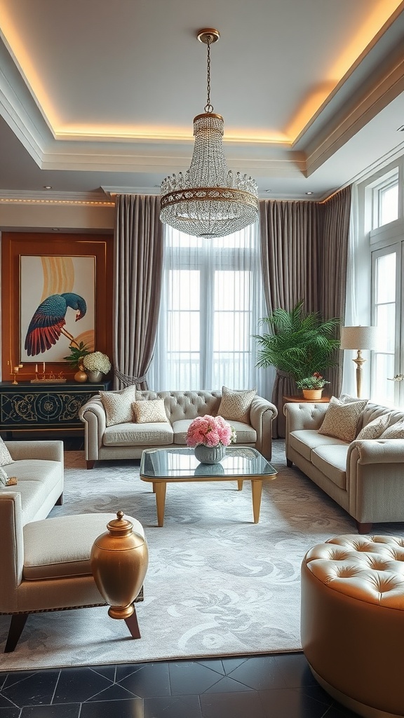 Chic living room with metallic accents, featuring a chandelier, plush sofas, and decorative elements.