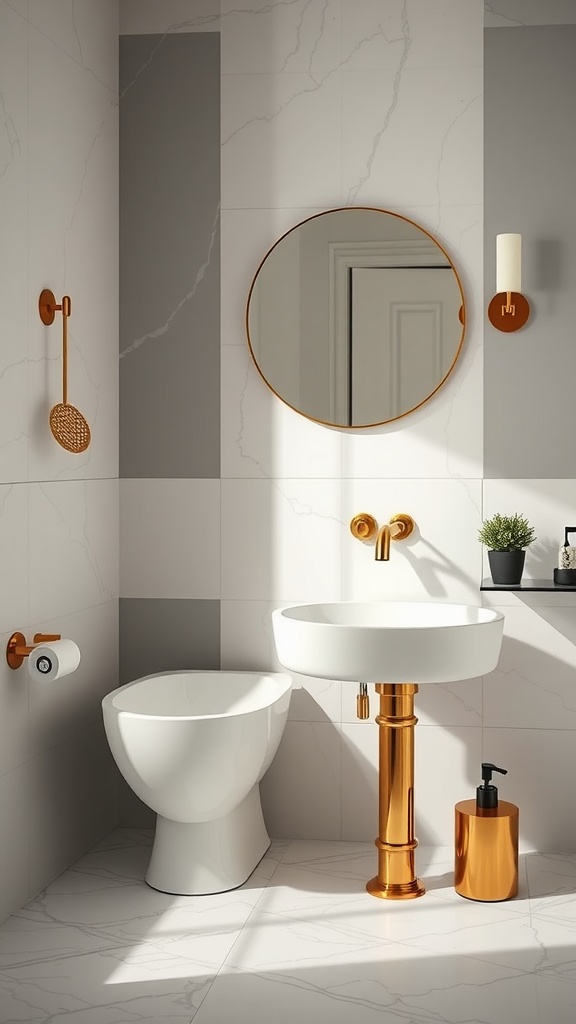 A modern bathroom with gold fixtures including a faucet and sink pedestal, a round mirror, and towel holder against gray and white tiled walls.