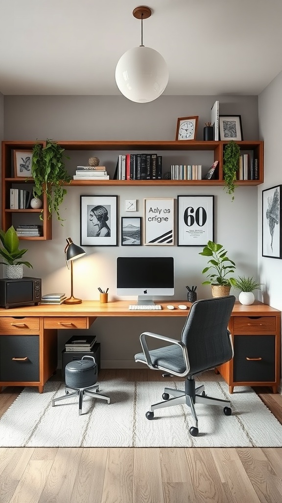 Chic home office setup featuring a wooden desk, comfortable chair, plants, and decorative shelves.