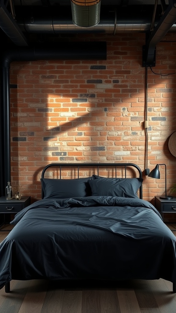 A cozy industrial-style bedroom featuring a black bed with black sheets against a brick wall.