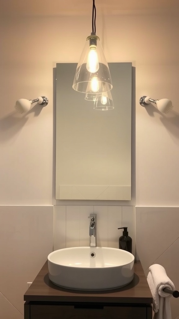 Modern bathroom lighting fixtures including a pendant light and wall sconces