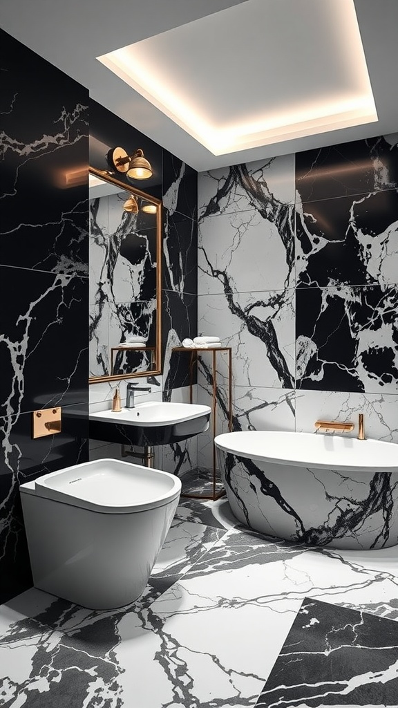 Modern black and white bathroom with marble accents and gold fixtures