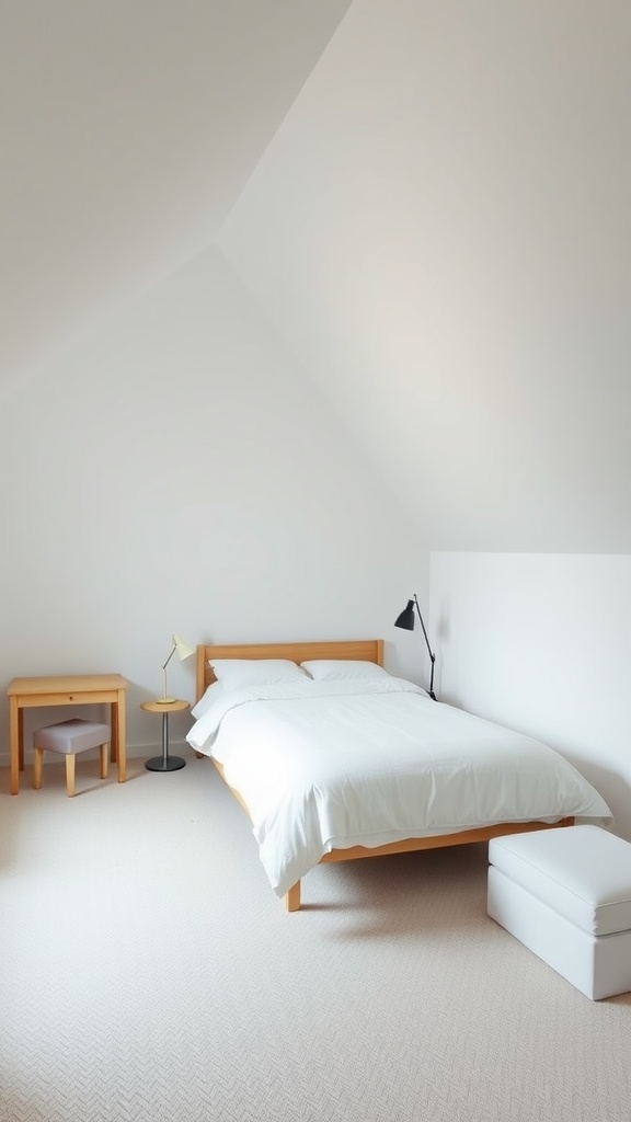 Minimalist attic bedroom with angled ceilings, featuring a wooden bed, white bedding, and simple decor.