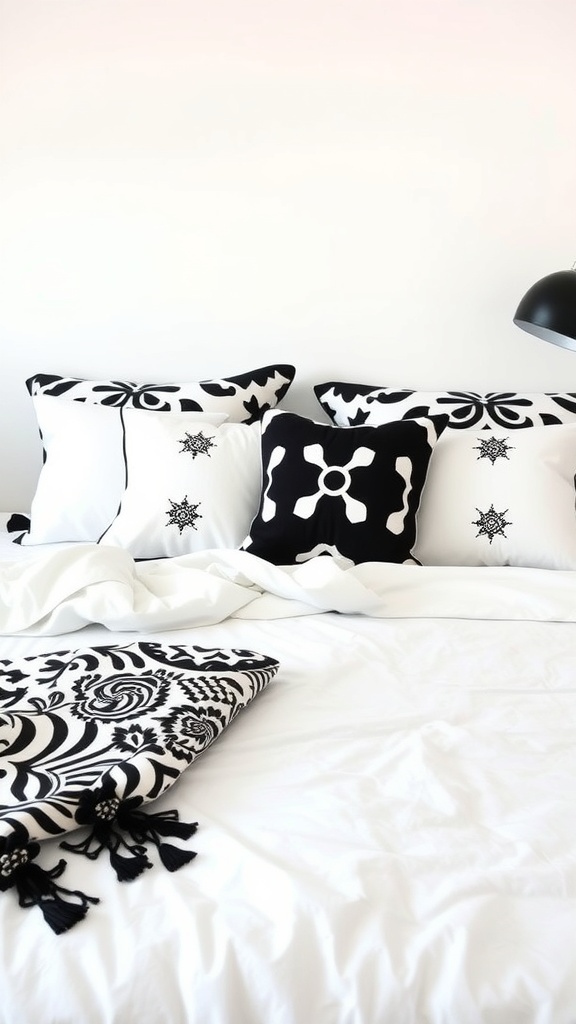 A stylish black and white bedding setup featuring decorative pillows and a throw blanket.