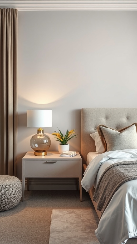 A stylish gray and beige bedroom featuring a chic nightstand, a cute lamp, and decorative elements.