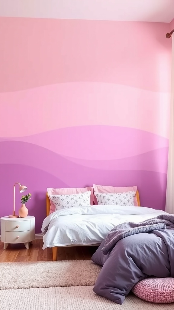 A girl's bedroom featuring a chic ombre wall design in pink hues, a neatly made bed with decorative pillows, and a cozy blanket.