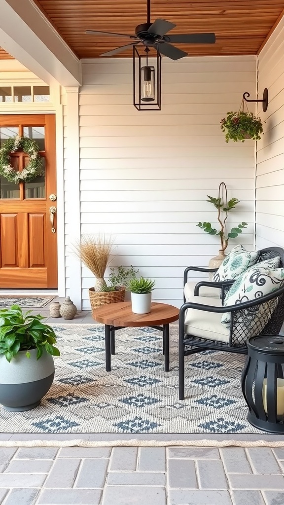 An inviting front patio featuring a stylish outdoor rug, comfortable seating, plants, and wooden accents.