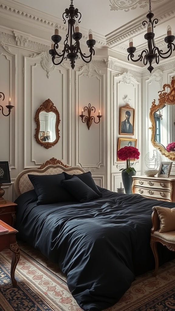 A stylish bedroom featuring a black comforter, ornate decor, and elegant lighting.