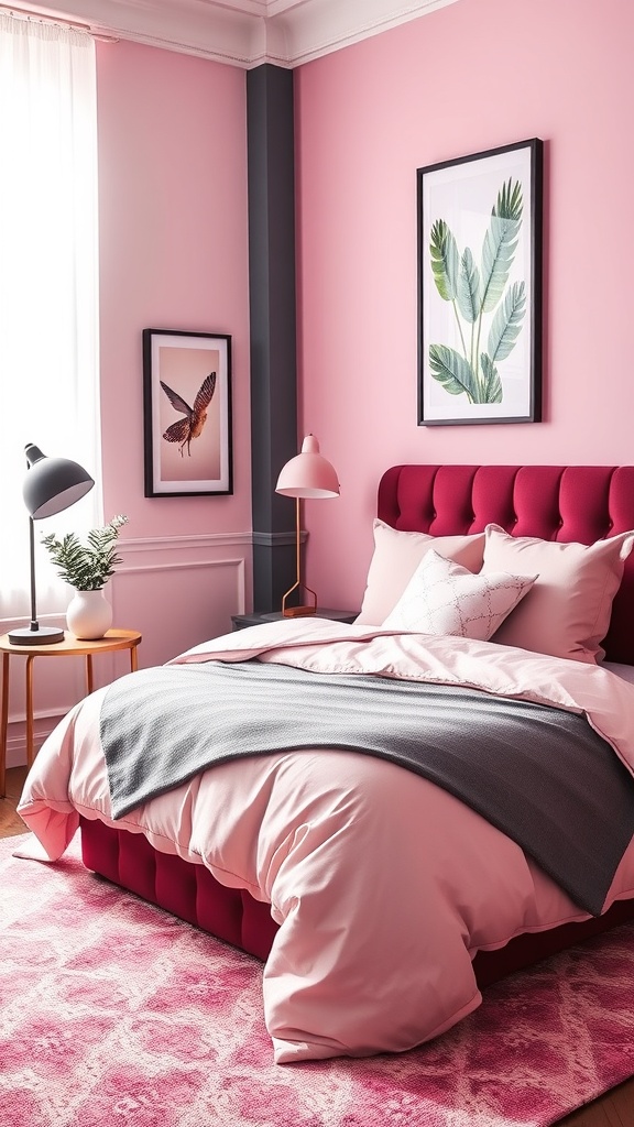 A stylish bedroom featuring a pink color palette with a burgundy headboard, gray throw blanket, and black accents.