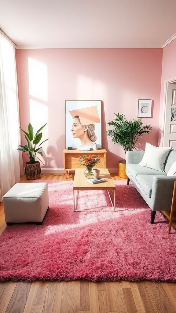 A chic pink area rug in a stylish living room with a pink wall, a plant, a coffee table, and a gray sofa.