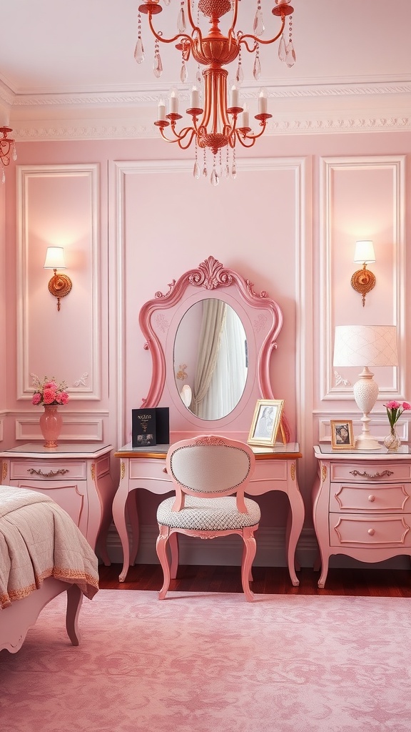 A stylish pink bedroom featuring chic pink furniture, including a vanity, bedside tables, and a decorative chair.