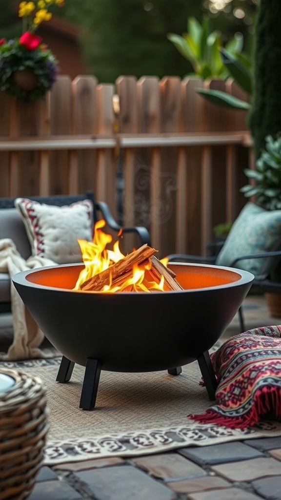 A chic portable fire pit surrounded by cozy seating and decorative elements in a backyard setting.
