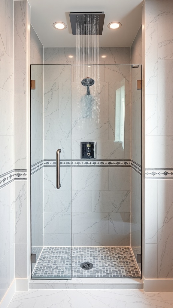 Chic shower design featuring marble tiles, glass enclosure, and modern fixtures.