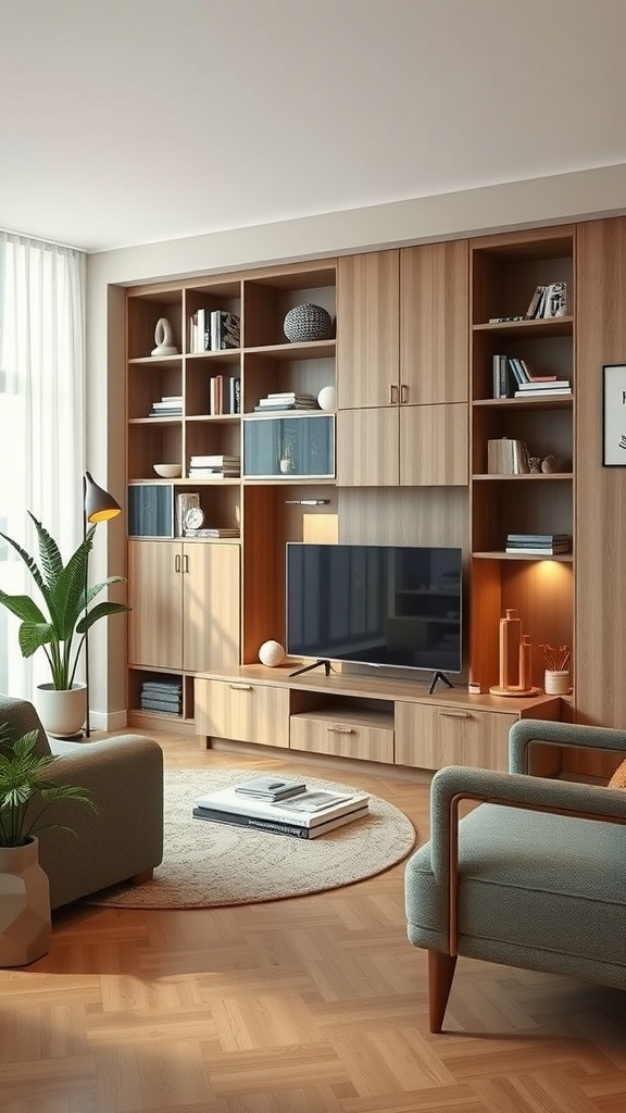 A modern wooden shelving unit in a Korean-inspired living room, featuring books, decorative items, and a TV, complemented by a cozy seating area and a plant.