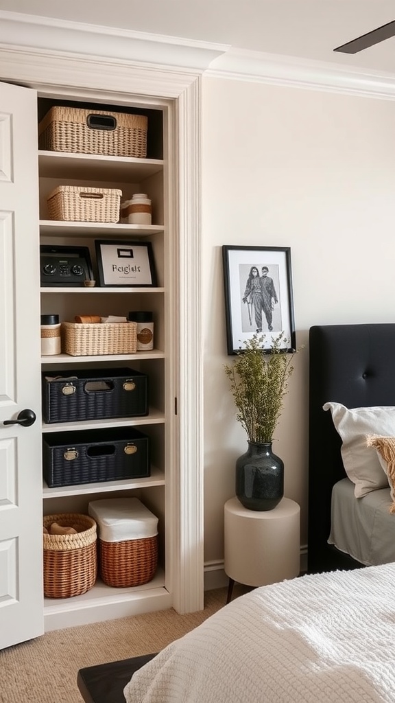 Chic storage solutions in a beige and black bedroom, featuring built-in shelves with woven baskets and decorative items.