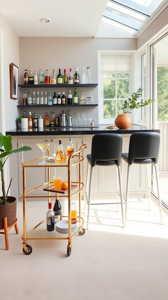 A chic sunroom bar setup featuring a neatly organized bar, gold bar cart, and large windows letting in natural light.