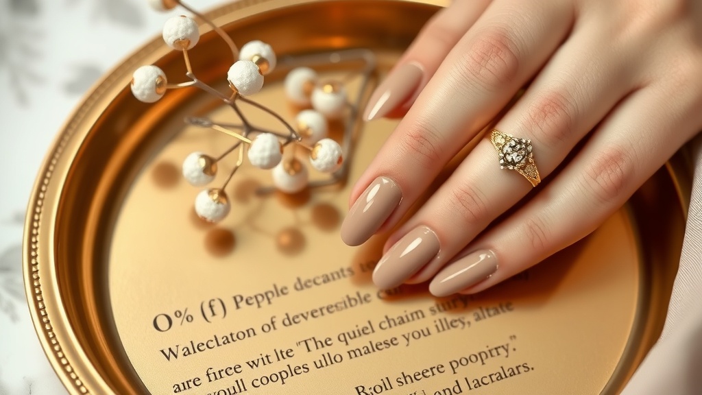 Chic taupe nails with gold accents and a ring on a decorative plate.