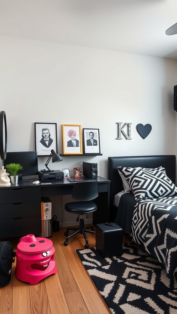 A stylish teen bedroom featuring black furniture, patterned bedding, and colorful decor.