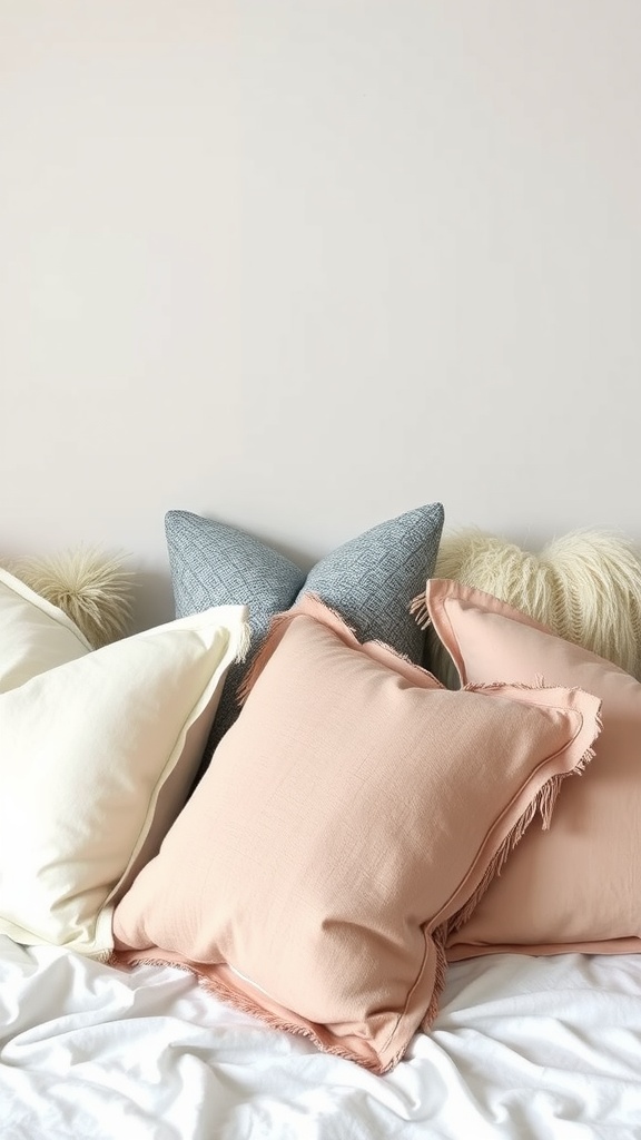 A collection of chic throw pillows in pastel colors on a bed