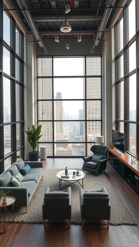 A chic urban loft living room featuring large windows, modern furniture, and a stylish layout.