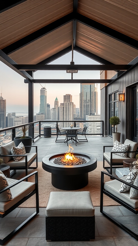 A modern covered patio featuring a contemporary fire table surrounded by stylish seating and a view of city skyscrapers.