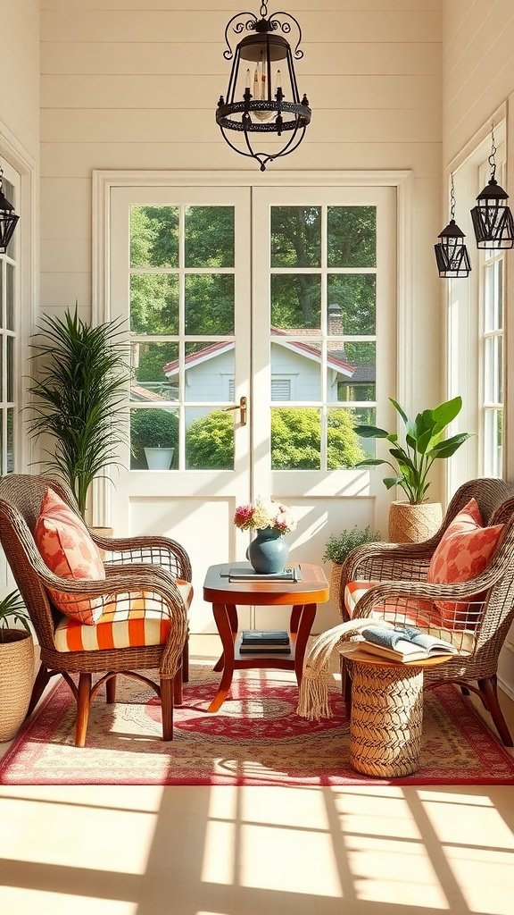 A sunroom with two wicker chairs and colorful cushions, a small table, and plants.