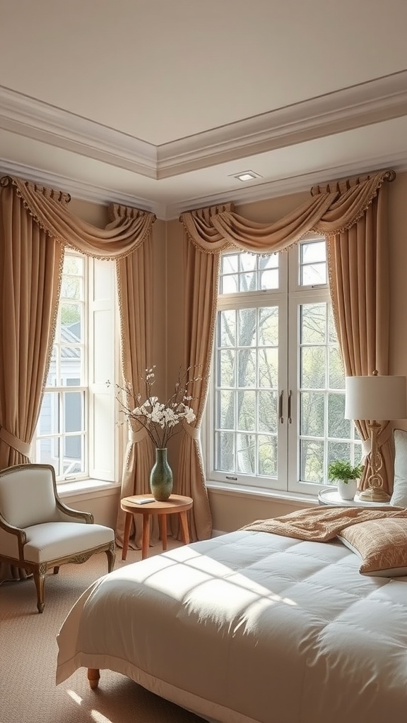 Chic beige curtains in a stylish bedroom with elegant decor.