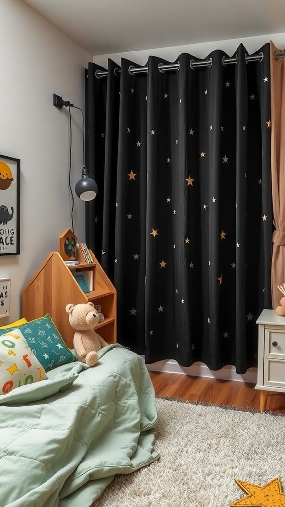 A cozy child's bedroom with black star-patterned blackout curtains, a teddy bear, and soft bedding.