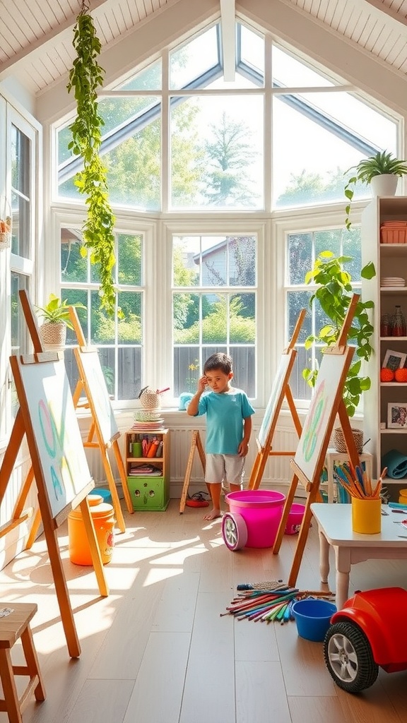 Bright children's art studio in a sunroom with easels, art supplies, and a child thinking creatively.