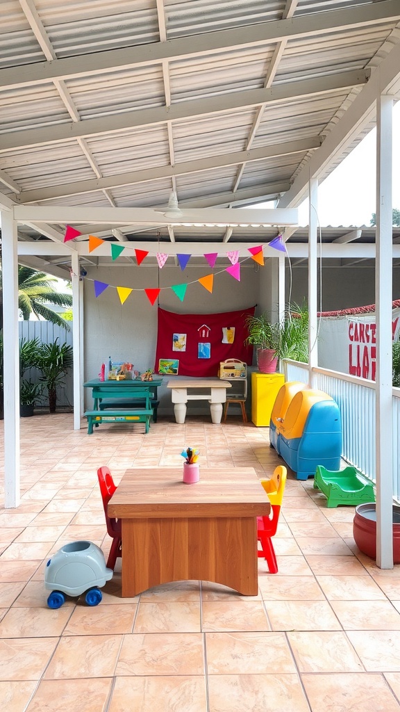 A colorful covered patio designed as a children's play area with toys, tables, and decorations.