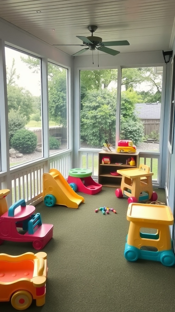 A colorful children's play area in a screened-in back porch with toys and a slide.