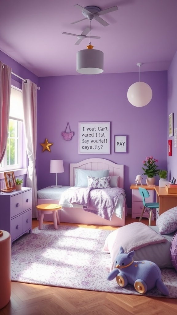 A child's bedroom decorated in playful purple tones, featuring a bed, colorful furniture, and a cozy atmosphere.