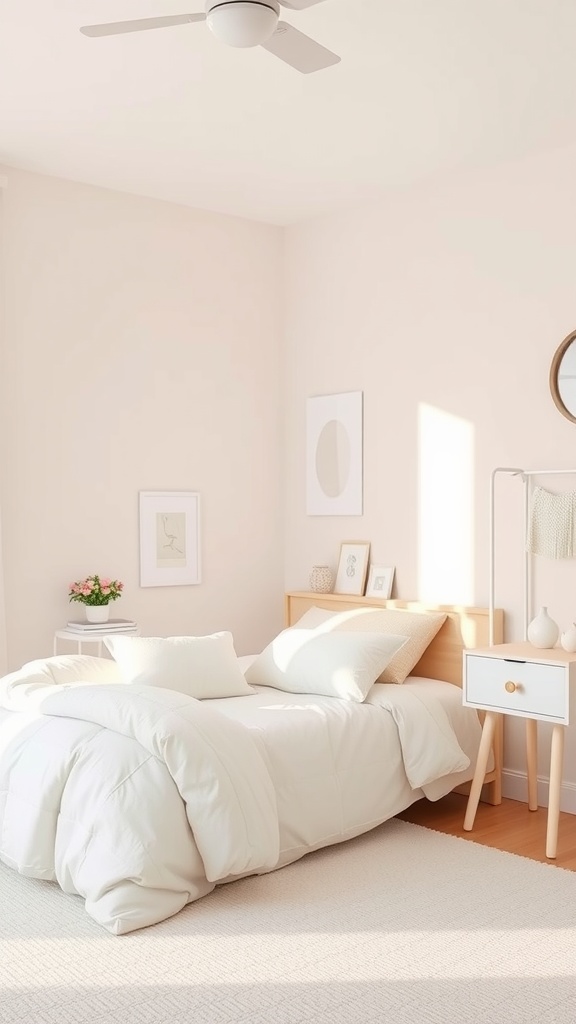 A minimal kids bedroom with soft colors, white bedding, and simple decor.