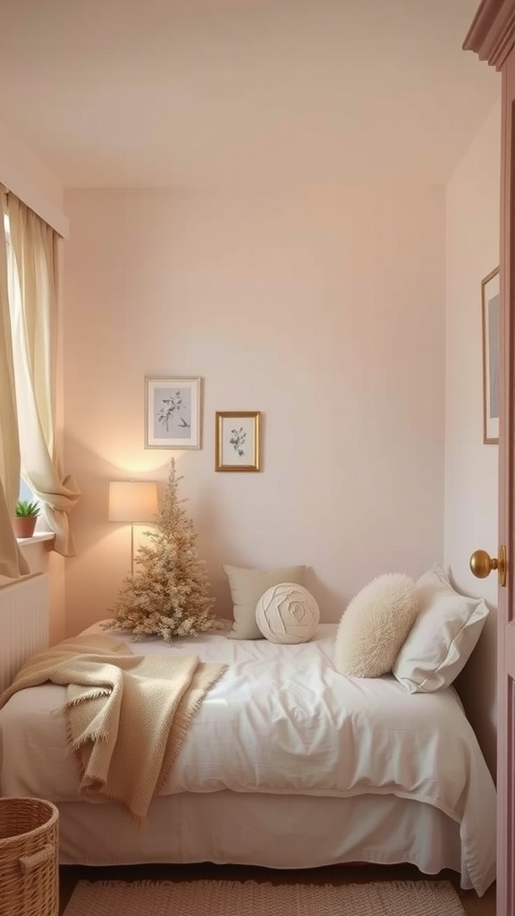 A small cozy bedroom with soft colors, featuring a bed, decorative pillows, and a small tree.