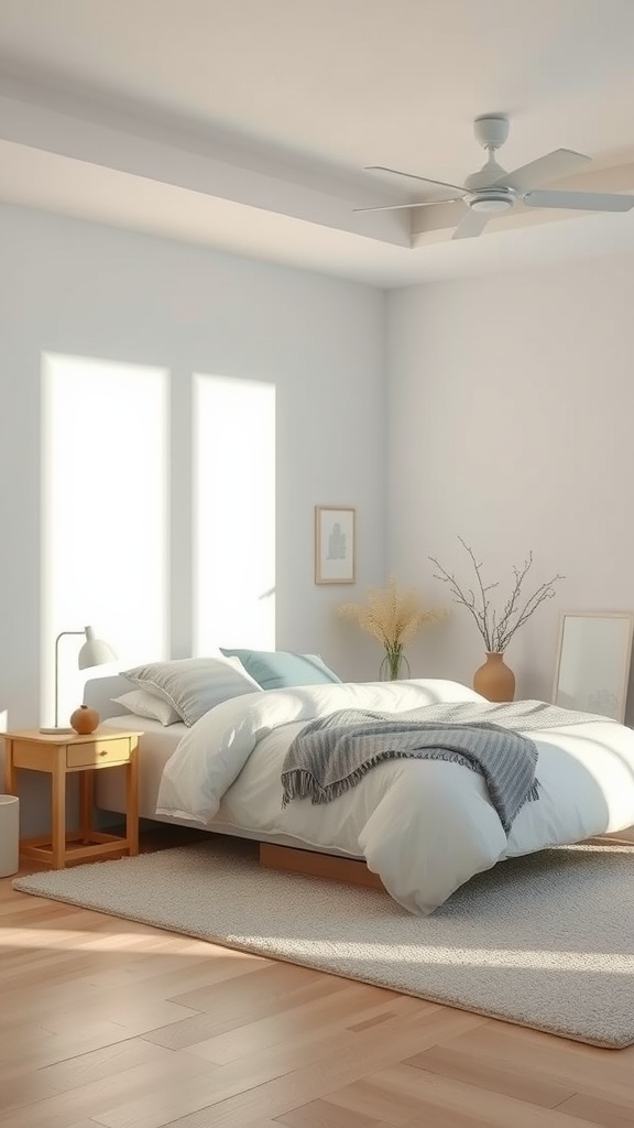 A serene bedroom with soft colors, wooden flooring, and natural light.