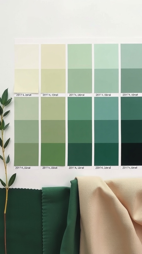 A variety of green paint swatches displayed alongside fabric samples.