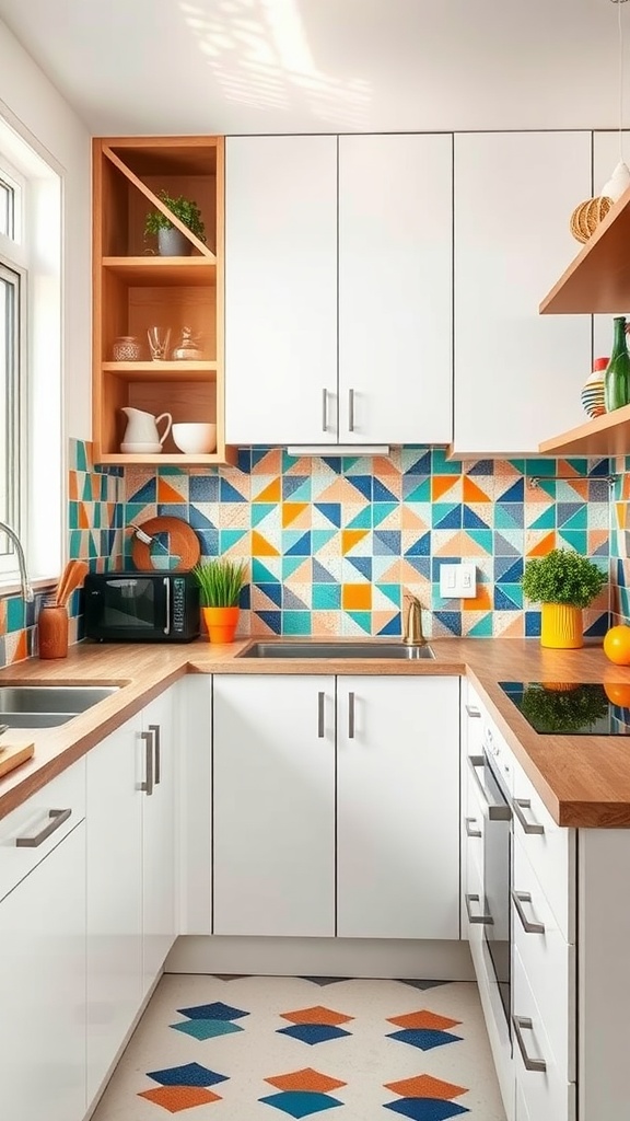 A cozy small kitchen featuring a colorful tile backsplash with geometric patterns