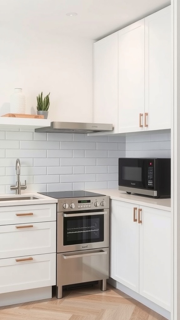 A cozy small kitchen featuring compact appliances, including a stove, microwave, and sink with a light color scheme and natural elements.
