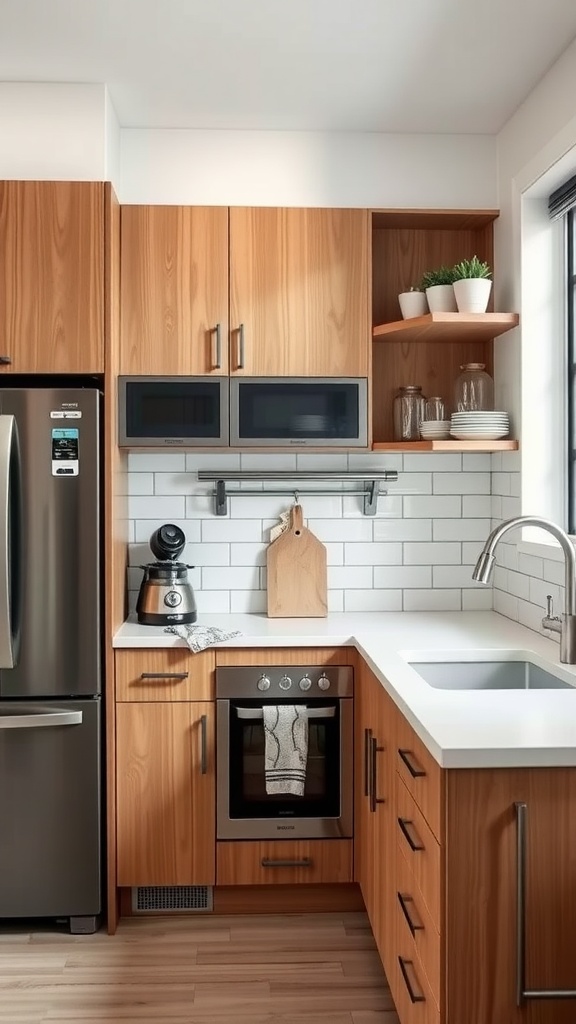 A small cozy kitchen with modern appliances and wooden cabinetry.