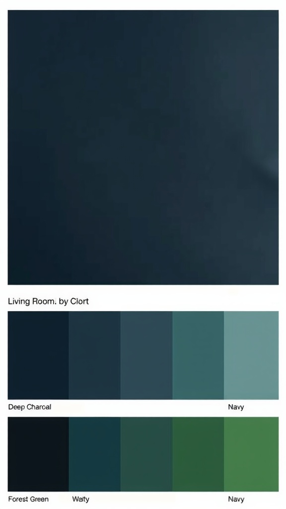 Color palette for a dark living room aesthetic including deep charcoal, navy, and forest green