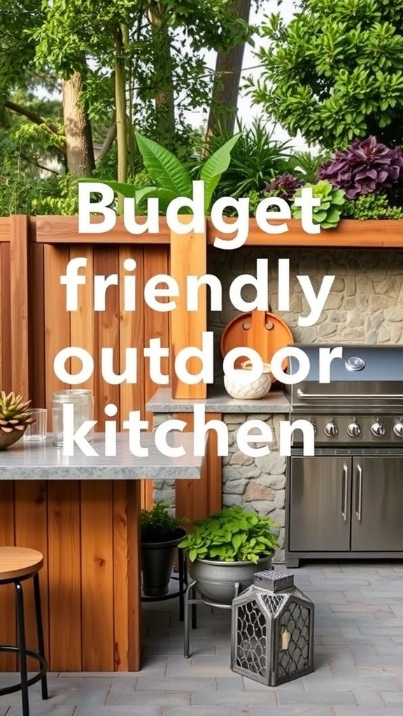 A budget-friendly outdoor kitchen featuring wood and stone materials, with plants and decorations.